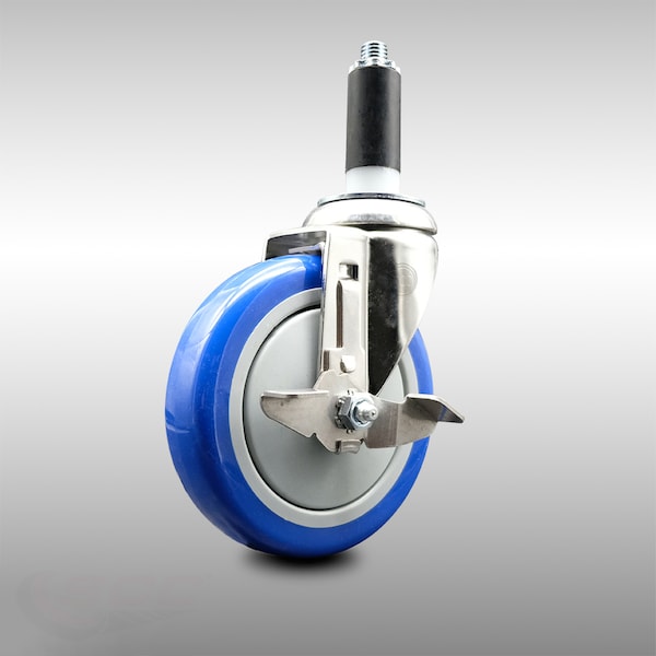 Service Caster 5 Inch 316SS Blue Polyurethane Swivel 1-1/8 Inch Expanding Stem Caster Brake SCC-SS316EX20S514-PPUB-BLUE-TLB-118 - main